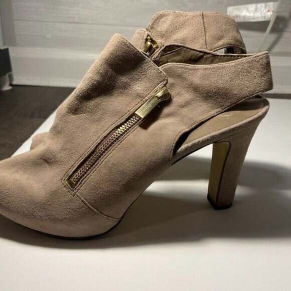 Franco Sarto Suede Tan Leather Peep Toe Chunky Heel Shoe Sandals‎ - Picture 8 of 11